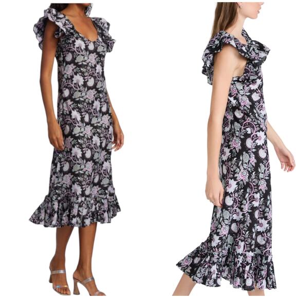 Mille NWT Klara Midi Dress Tropical Night Size XL Ruffle Sleeve Pleated Hem - Picture 3 of 11